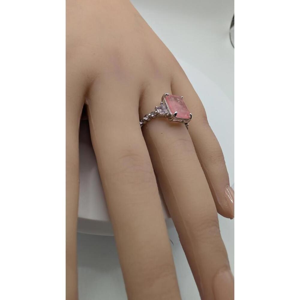 Silver Ring with Rectangular Pink Gemstone and Accent Stones Size 7 - Picture 9 of 9